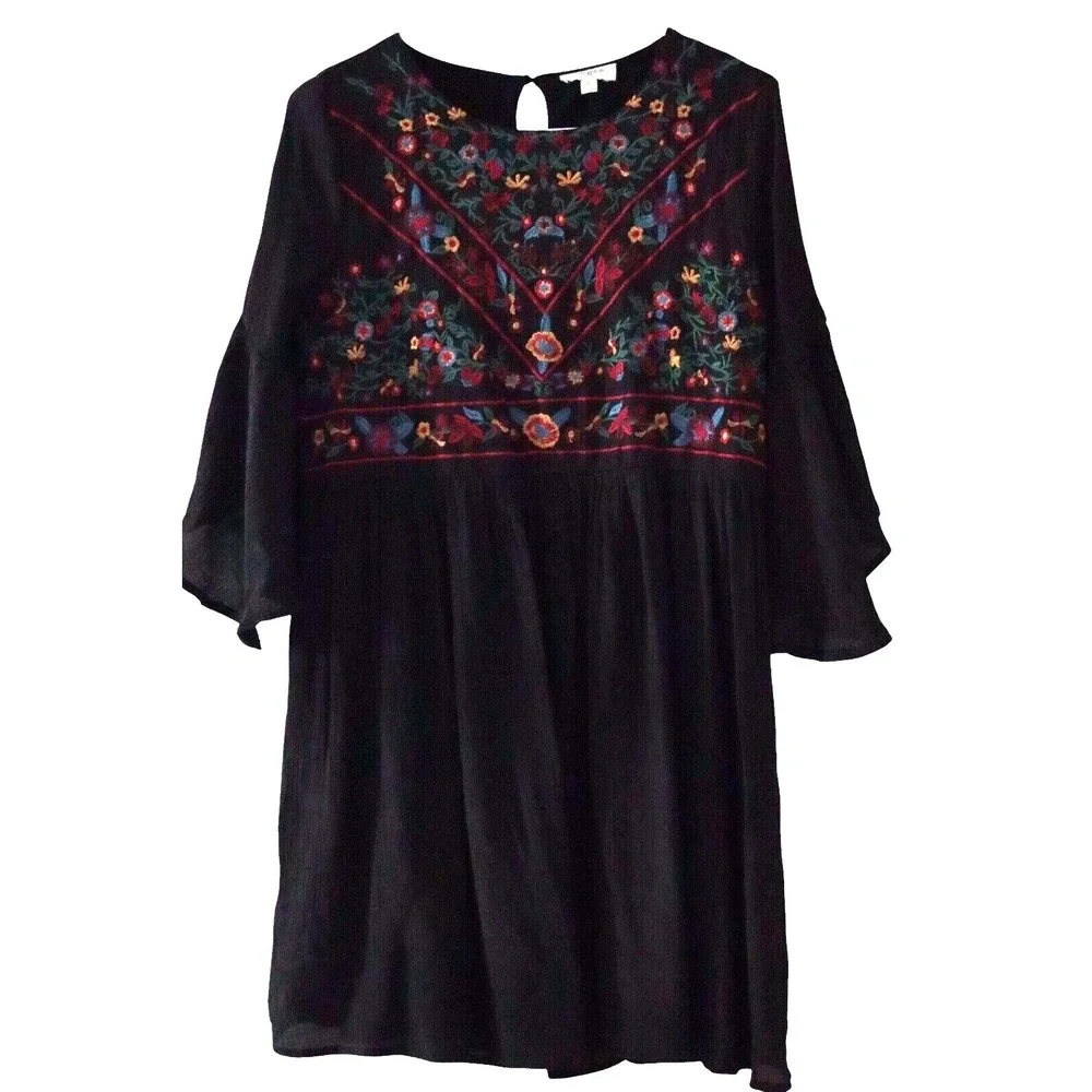 Umgee Women's Midi Dress Embroidered Floral Boho Prints Size M‎ Puff Sleeves